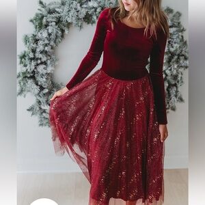 Chic Velvet Long Sleeve Dress in Deep Red